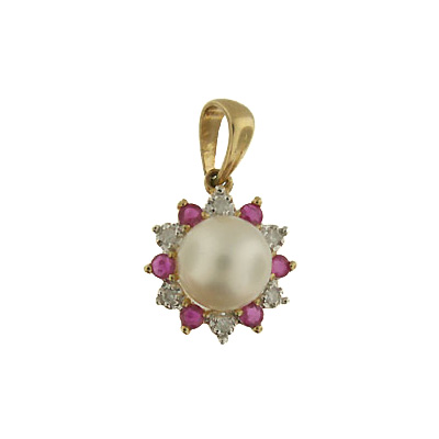 0.26 ctw. diamond, ruby, and pearl pendant